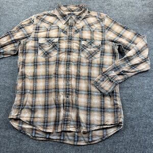 Southern Thread Shirt Mens Large Brown Plaid Western Pearl Snap Long‎ Sleeve